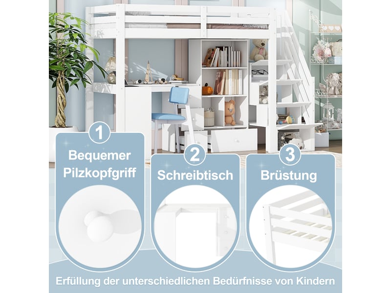  Lit mezzanine 90x200 cm, blanc, sans matelas, bureau, tiroirs, échelle rangement, en747  - Conforama E