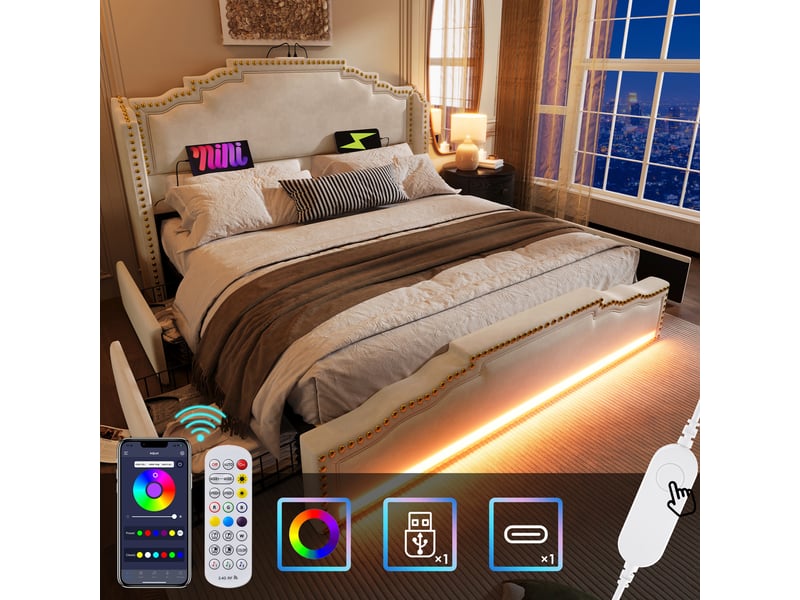  Lit double adulte,160x200 cm,4 tiroirs, led et usb-c,velours,beige  - Conforama D