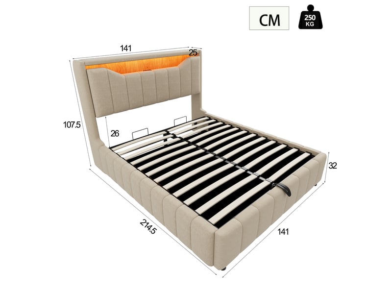  Lit coffre modenvie 140 x 200 cm rembourré avec rangement hydraulique led usb et usb-c tissu beige  - Conforama C