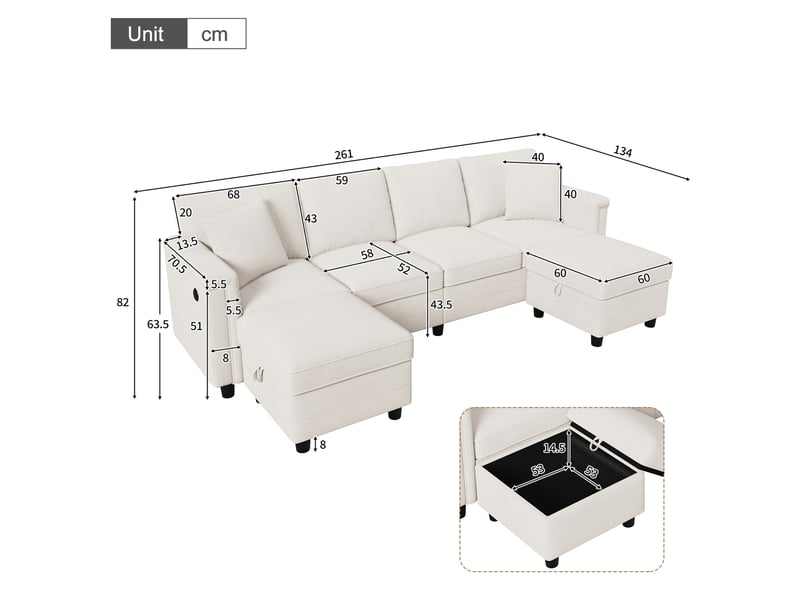 Canapé modulaire 4 places en l et en u avec 2 coffres, 2 coussins, usb, tissu chenille beige - Conforama E