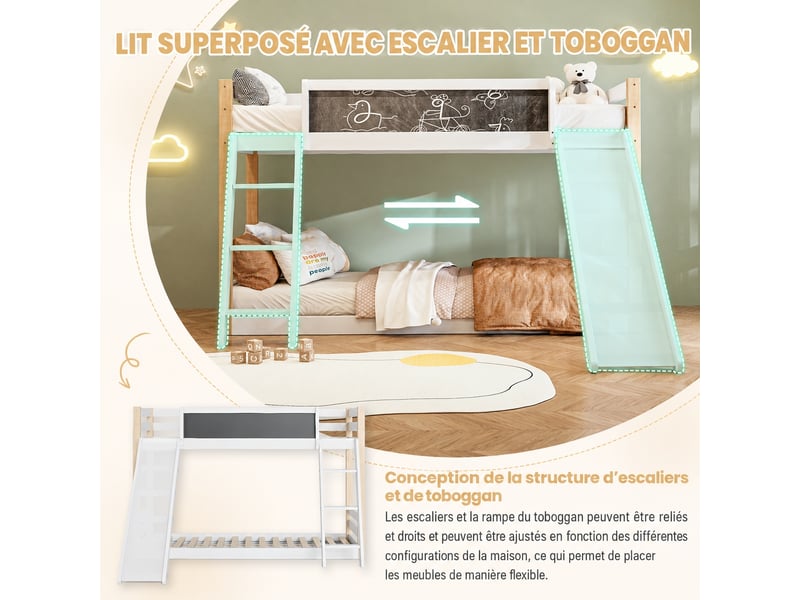 Lit superposé enfant avec toboggan et escalier, bois, barrières, 90 x 200 cm - Conforama E