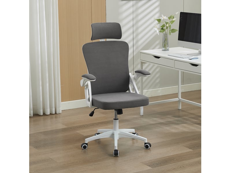  Chaise de bureau ergonomique grise à dossier haut, soutien lombaire réglable et appui-tête pour le télétravail  - Conforama E