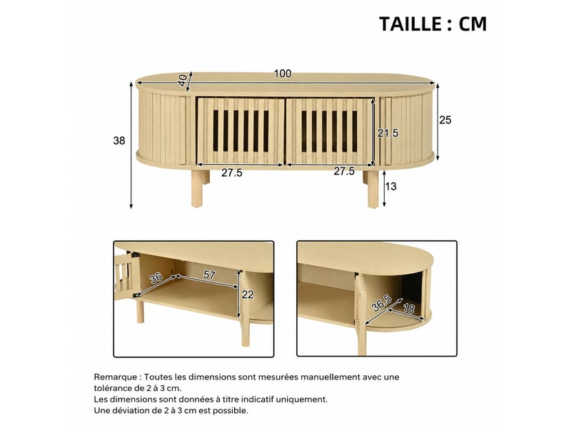  Table basse ovale avec rangement, mdf et pieds en bois massif, 100 x 40 x 38 cm, bois clair  - Conforama C