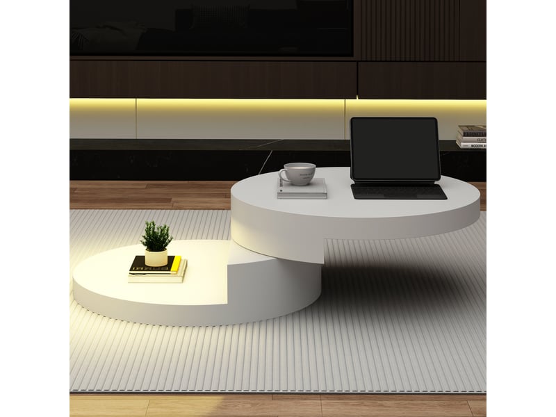  Table basse ronde blanche pivotante à 360 degrés avec éclairage led - mdf 70x70 cm double couche  - Conforama W