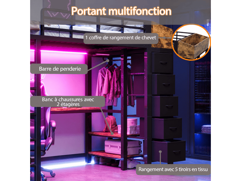  Lit mezzanine gaming 140x200 cm, bureau, led, prises, usb et usb-c, 5 tiroirs en tissu, penderie et étagères, métal et mdf, noir OMNIGLINT TRADING LTD - Conforama E