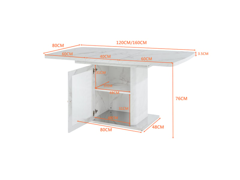  Table à manger extensible 120-160 x 80 cm avec meuble de rangement intégré, plateau mdf effet marbre blanc, porte vitrée et base métal  - Conforama E