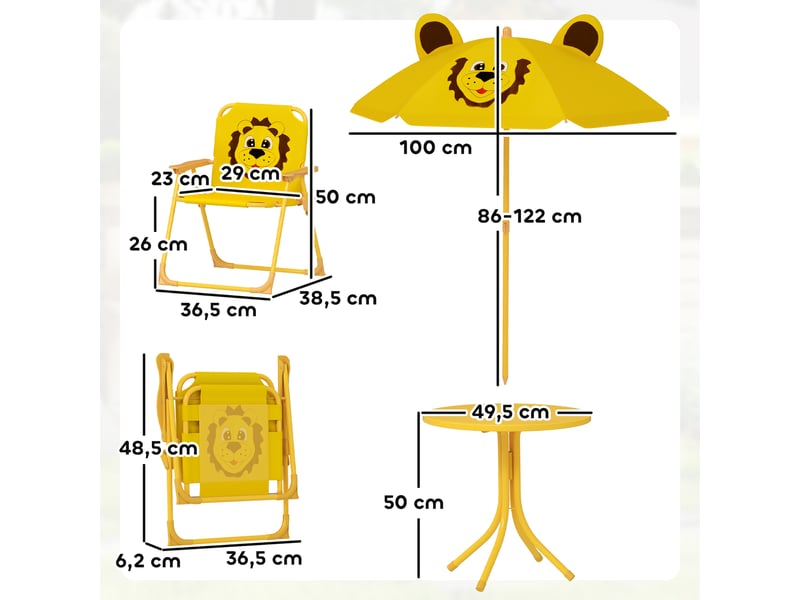  Ensemble de mobilier de jardin pour enfants, chaises, table, parasol, motif lion, jaune  - Conforama D