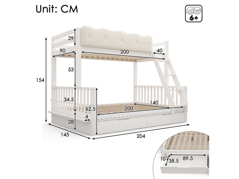 Lit superposé enfant 90x200140x200 cm – blanc – 2 tiroirs, porte-revues et sommiers à lattes - sans matelas  - Conforama C