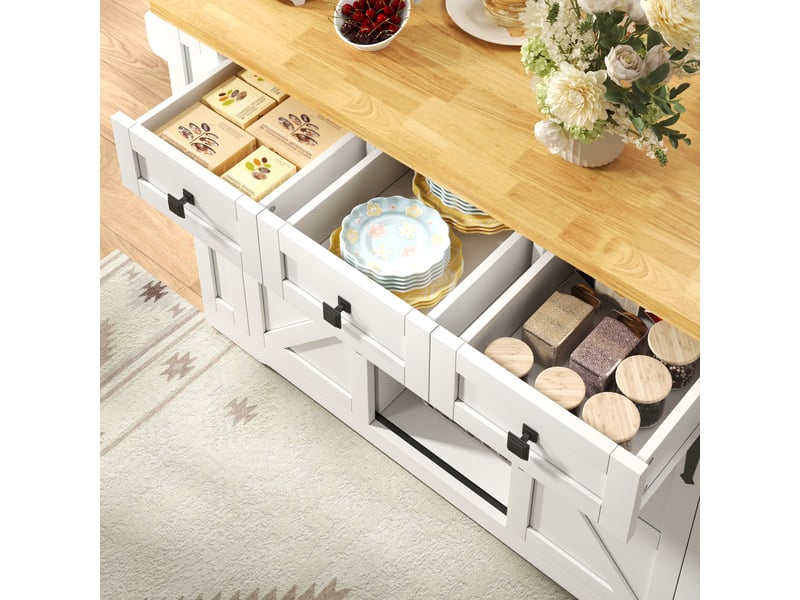  Îlot de cuisine mobile 130 x 50-80 x 87 cm, plateau rabattable, prises, 3 tiroirs et portes coulissantes, blanc  - Conforama E