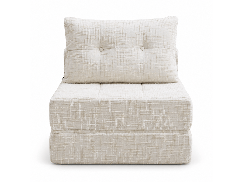Canapé convertible pliable chenille beige avec coussins, dossier et matelas intégré - Conforama A
