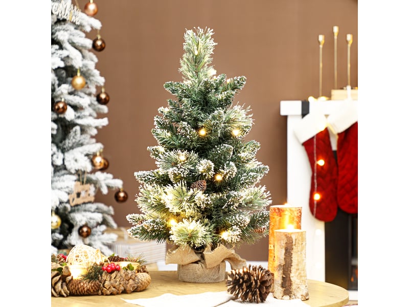 Sapin de noël artificiel 60 cm, mini arbre de noël de table floqué avec 35 led, pommes de pin, fonctionne à piles, vert  - Conforama A