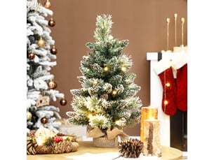 Sapin de noël artificiel 60 cm, mini arbre de noël de table floqué avec 35 led, pommes de pin, fonctionne à piles, vert