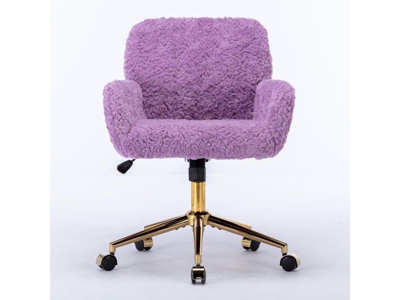 Chaise de bureau en fausse fourrure violette 61x60x90 cm hauteur réglable pivotante 360° avec accoudoirs base métallique dorée et roulettes silencieuses evarich - Conforama A