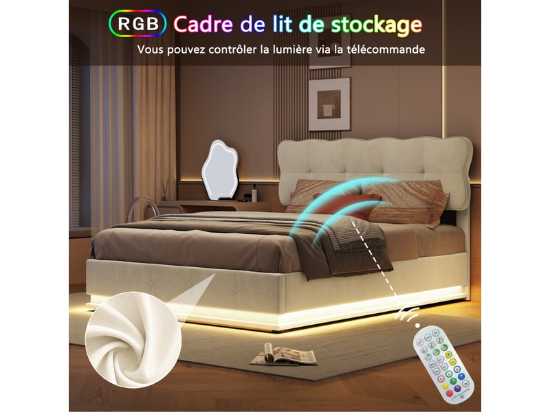  Lit 160 x 200 avec sommier, tête de lit rembourrée ondulée, rangement hydraulique, bande lumineuse led, velours beige  - Conforama E