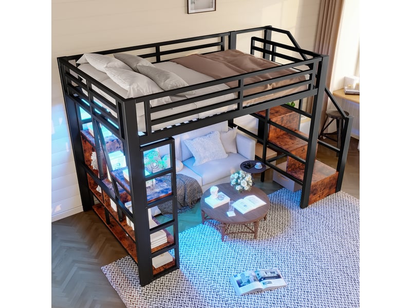  Lit mezzanine 140x200 cm coloris noir led métal lit enfant noir - Conforama E
