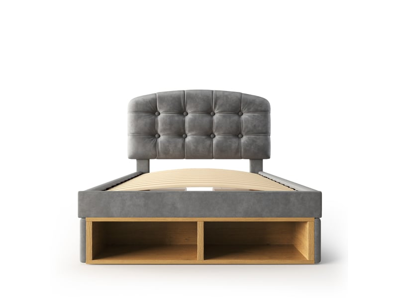  Lit simple pour enfant, avec tête de lit incurvée à hauteur réglable, tiroirs et espaces de rangement, en velours, gris - 90 x 200 cm  - Conforama R