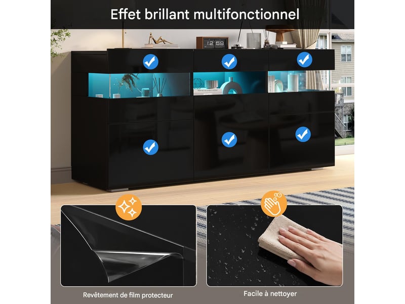 Buffet 3 portes avec éclairage led noir brillant 140 x 40.5 x 66.5 cm N625P352889890S - Conforama E