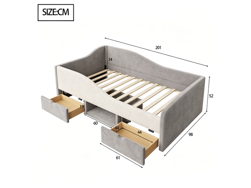  Lit enfant 90x190 cm avec barrières de sécurité - lit banquette rembourré avec 2 tiroirs de rangement et sommier, velours gris evarich - Conforama C