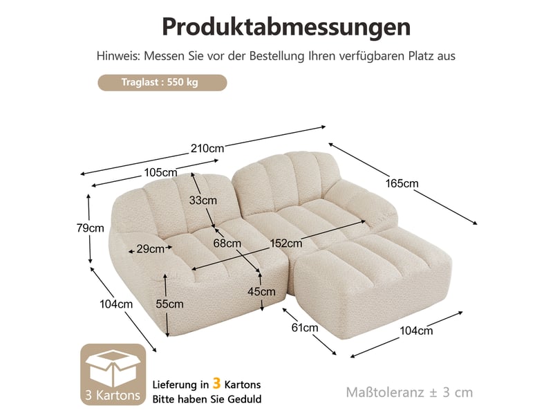 Canapé d’angle coquille 2 places avec pouf beigeblanc – 210 x 165 x 79 cm Fay Lum - Conforama C