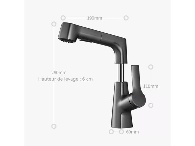  Robinet de lavabo extractible, robinet de lavabo monotrou, valve en céramique (gris)  - Conforama B