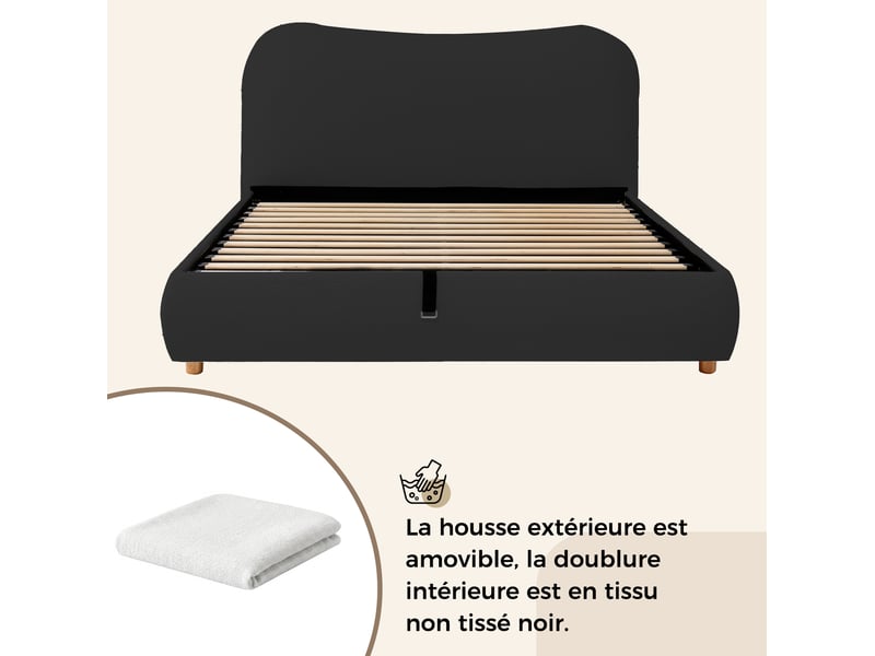  Lit double coffre hydraulique 180x200 cm, sommier inclus, tête de lit tissu bouclée, pieds en bois, blanc sans matelas  - Conforama E