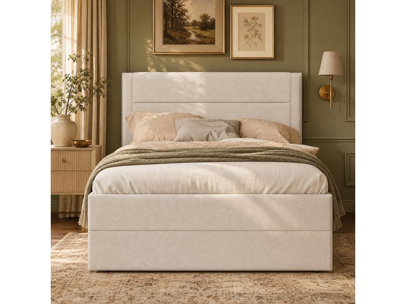  Lit rembourré beige, lit simple 90x200 cm en lin avec rangement sous le couchage et cadre métallique, sans matelas  - Conforama B