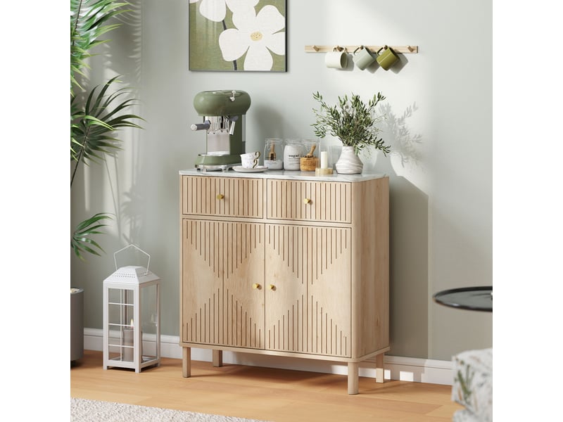  Buffet, meuble de rangement cannelé avec plateau effet marbre, 2 tiroirs, 2 portes, étagère réglable, chêne, 77x30x80cm  - Conforama D