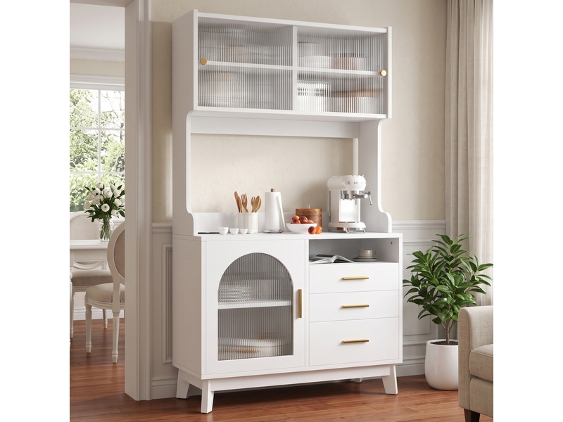  Buffet haut avec 3 portes, 3 tiroirs, prise double et ports usb pour salle à manger blanc 100,5 × 40 × 178 cm  - Conforama E