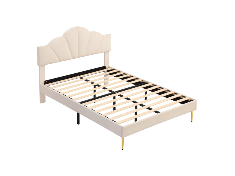  Lit adulte 140x200 cm rembourré en velours beige avec tête de lit réglable  - Conforama E