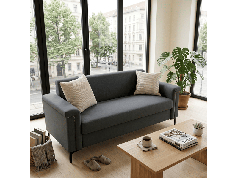  Canapé droit fixe 2 places gris foncé en tissu, ressorts ensachés et style scandinave pour le salon  - Conforama E
