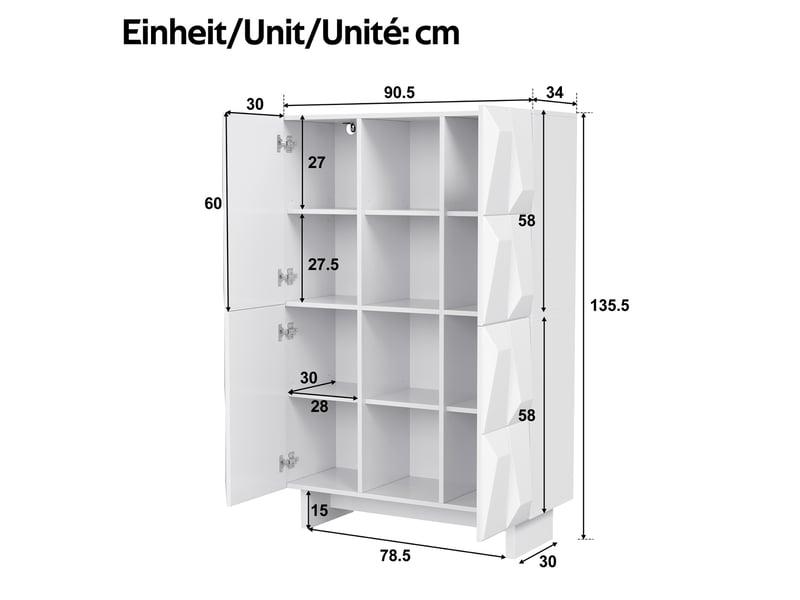  Vitrine et meuble à chaussures – 4 portes, 12 compartiments – blanc, 90,5 x 34 x 135,5 cm  - Conforama D