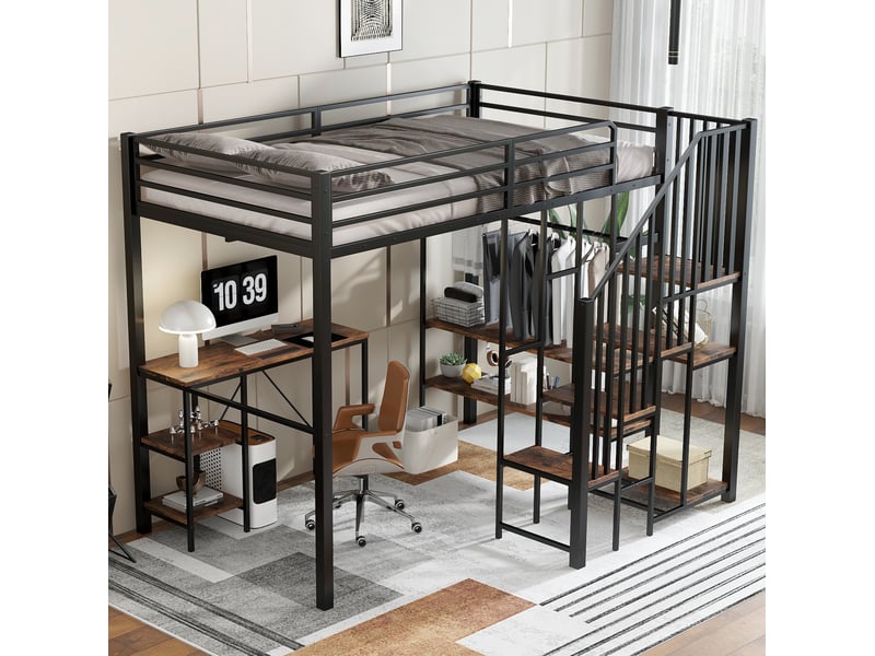 Lit mezzanine 120x200 cm avec bureau et penderie ouverte noir et bois vintage - Conforama C