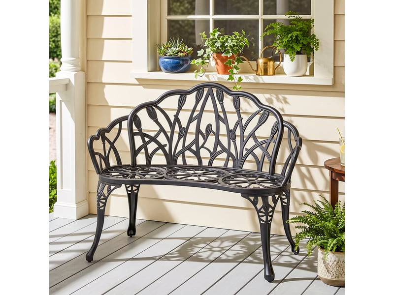 Banc de jardin 2 places, en aluminium moulé, résistant aux intempéries, avec dossier tulipe, motif floral, 99 x 57 x 78 cm  - Conforama C