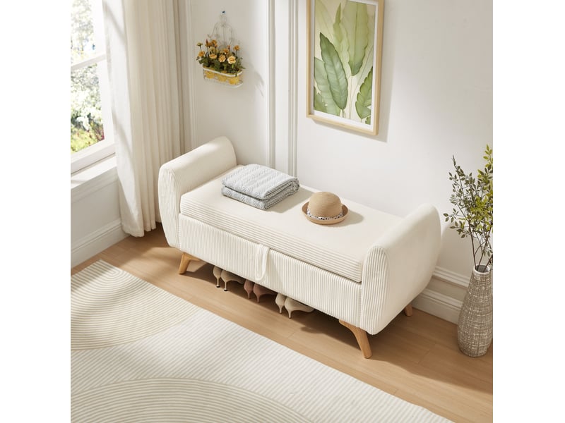  Banc de rangement pliable 145 x 51 x 45 cm beige en velours côtelé, avec pieds en bois pour l'entrée  - Conforama E