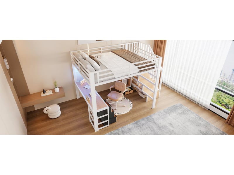  Lit mezzanine 140 × 200 cm avec bureau, 4 tiroirs, escalier de rangement, grille et led, métal blanc C-CRAFTLINK - Conforama E