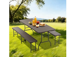 Set de pique-nique pliant 3 pièces 180x74x43 cm marron en plastique, table et 2 bancs pour 6 personnes