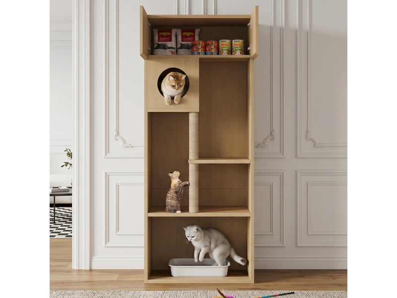  Meuble cache-litière 80 x 45 x 193 cm, rangement multifonction avec poteau à griffer, plateformes et espace repos, aspect bois naturel  - Conforama E