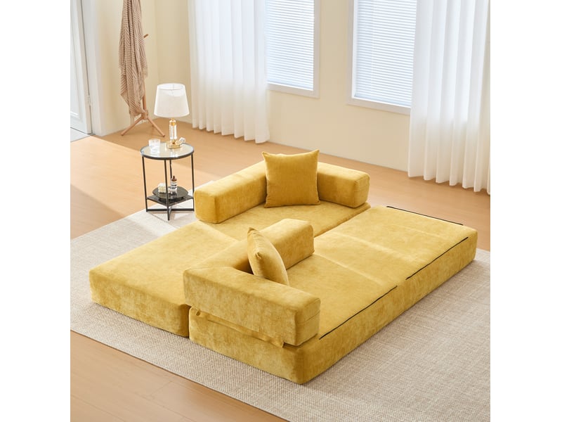  Canapé modulable modenvie 2 places en chenille jaune moutarde avec poches latérales et base antidérapante 198 x 79 x 60 cm  - Conforama D