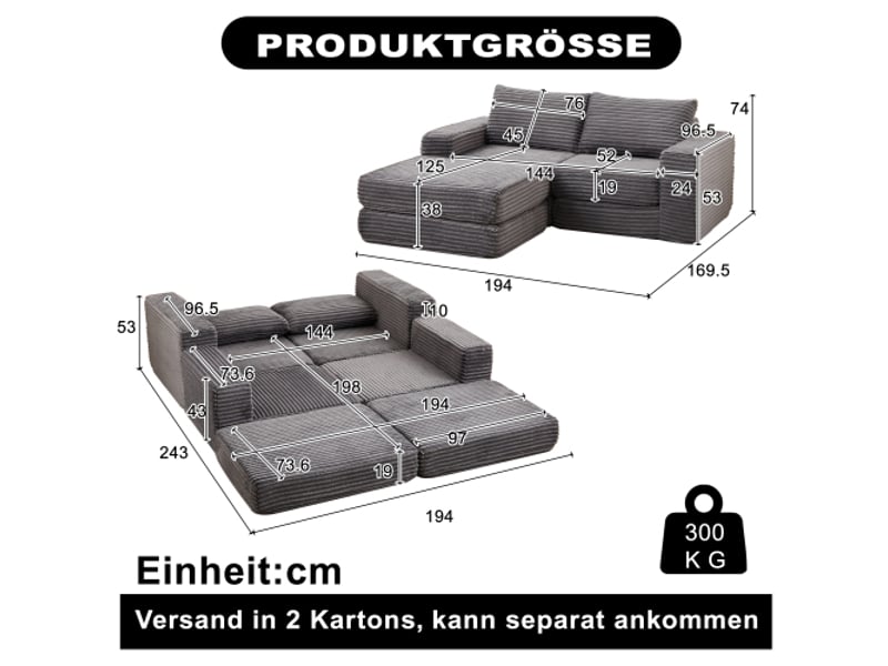 Canapé-lit 2-en-1 en velours côtelé, 2 coussins, accoudoirs carrés, repose-pieds amovible, canapé modulable flexible - Conforama C