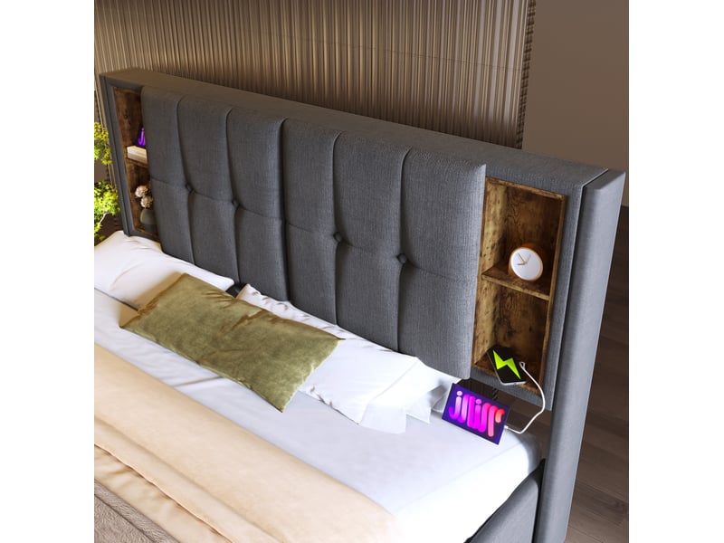  Lit adulte 160x200 cm gris avec rangement, chargement sans fil, usb-c et tête de lit avec niches  - Conforama E