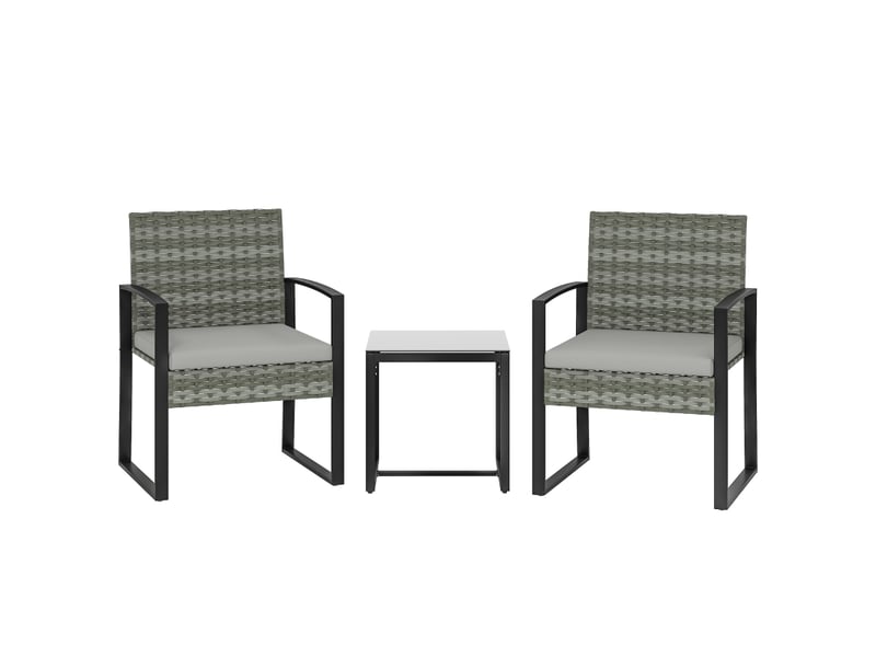 Ensemble table et chaise de jardin avec 2 fauteuils, 1 table basse et coussins, rotin synthétique et acier gris clair - Conforama A