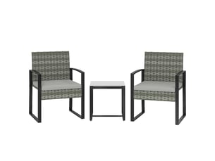 Ensemble table et chaise de jardin avec 2 fauteuils, 1 table basse et coussins, rotin synthétique et acier gris clair