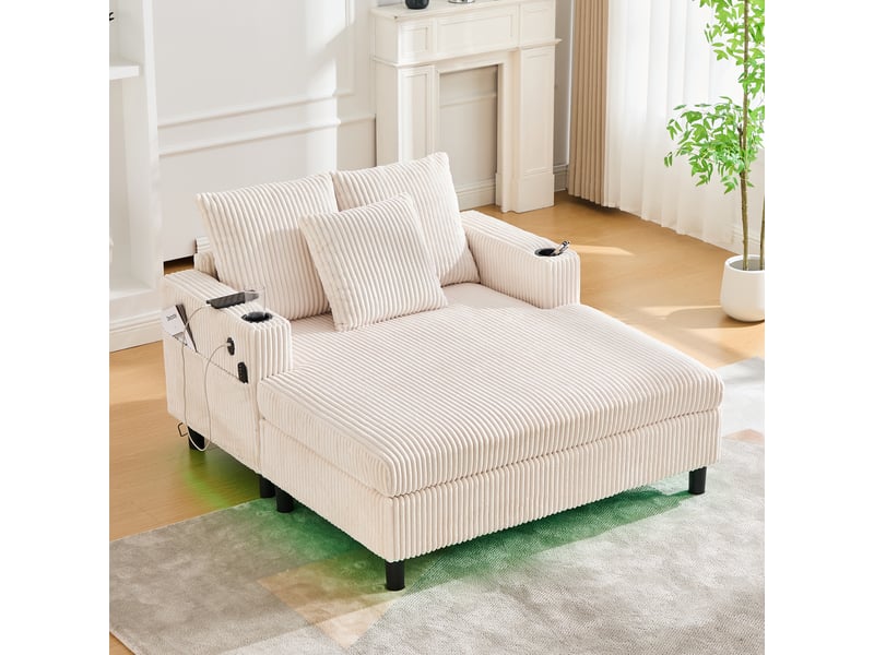  Fauteuil relax à assise profonde avec led, usb et porte-gobelets en velours côtelé beige, 142 × 128 × 85 cm  - Conforama B