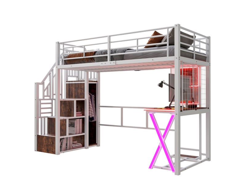 Lit mezzanine 90 x 200 cm avec bureau, armoire, led et escalier avec rangement, lit simple en métal blanc avec étagères et garde-corps - Conforama A