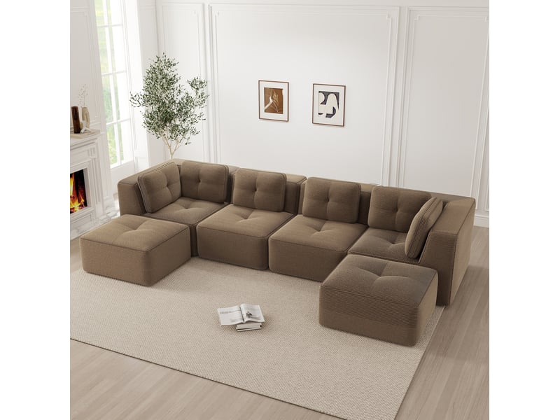  Canapé d'angle modulable en u 4 places en velours côtelé marron  - Conforama C