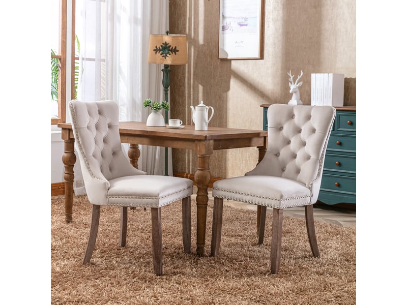  Lot de 2 chaises de salle à manger en velours beige capitonné, clous décoratifs, bois massif, haut de gamme  - Conforama B