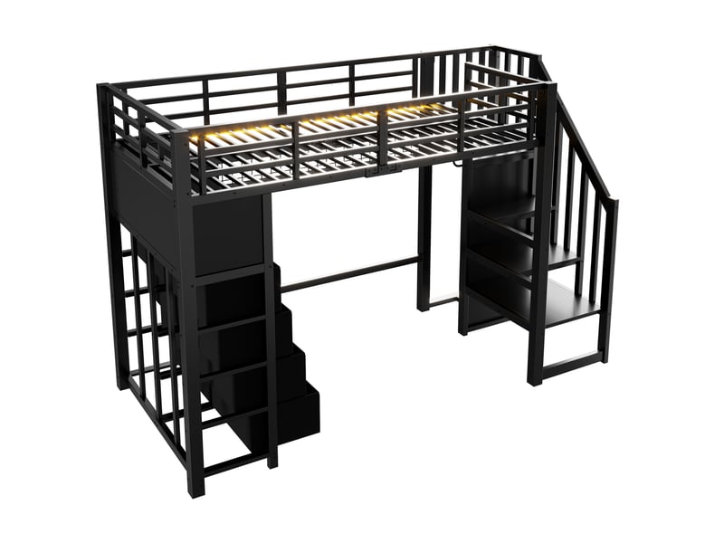  Lit mezzanine 90x200 cm noir, avec 8 tiroirs, escalier de rangement, penderie, led 7 couleurs, structure métal, sommier inclus, sans matelas  - Conforama E