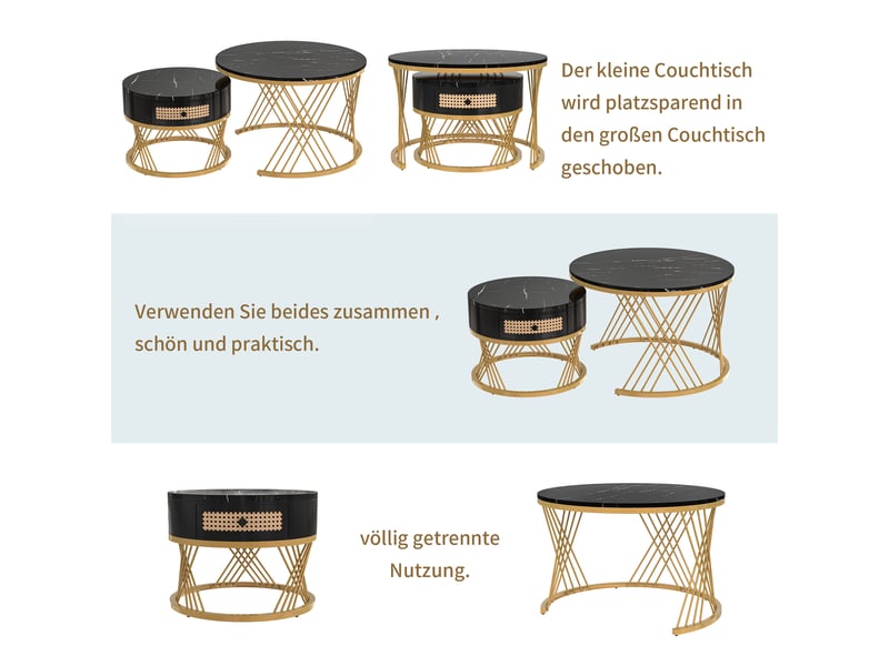  Table basse ronde ensembles mdf noir avec plateau marbré et pieds dorés  - Conforama D