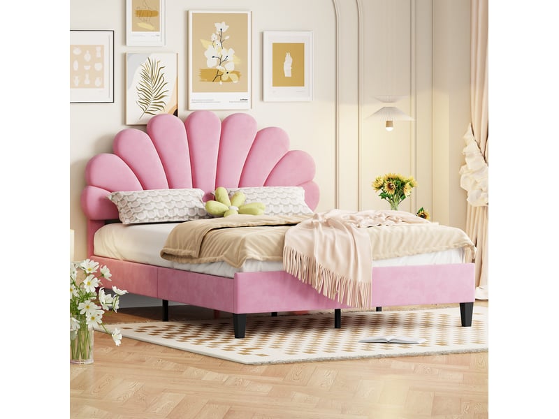 Lit enfant 140x200cm, lit 2 places, sommier, tête de lit en forme de fleur incluse, velours rose, sans matelas - Conforama D