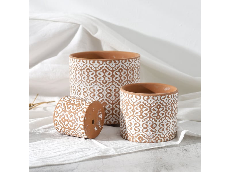  Lot de 3 pots de fleurs bohème en terre cuite rouge – cache-pots décoratifs en céramique pour intérieur et extérieur  - Conforama C